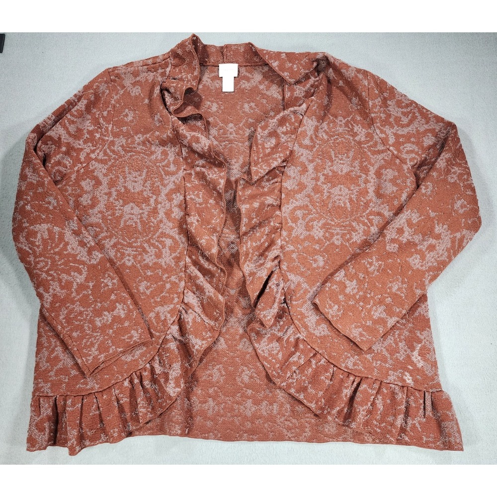 Chicos Ruffle Cardigan Rust Brown Floral Burnout Size 3 XL Whimsigoth Fairy Fall